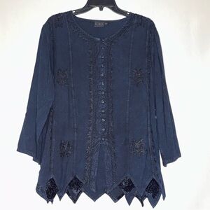 L.S.I. Prussian Blue Tunic Blouse w/ Black Embroidery S/M EUC